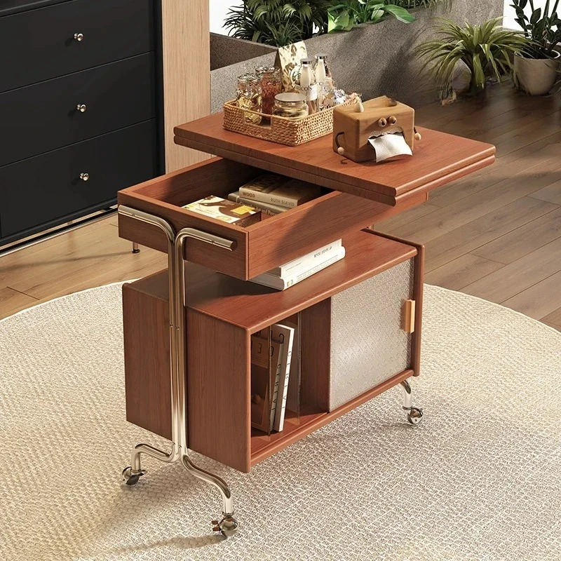 living room home retro coffee table Medieval solid wood removable storage cabinet corner storage trolley