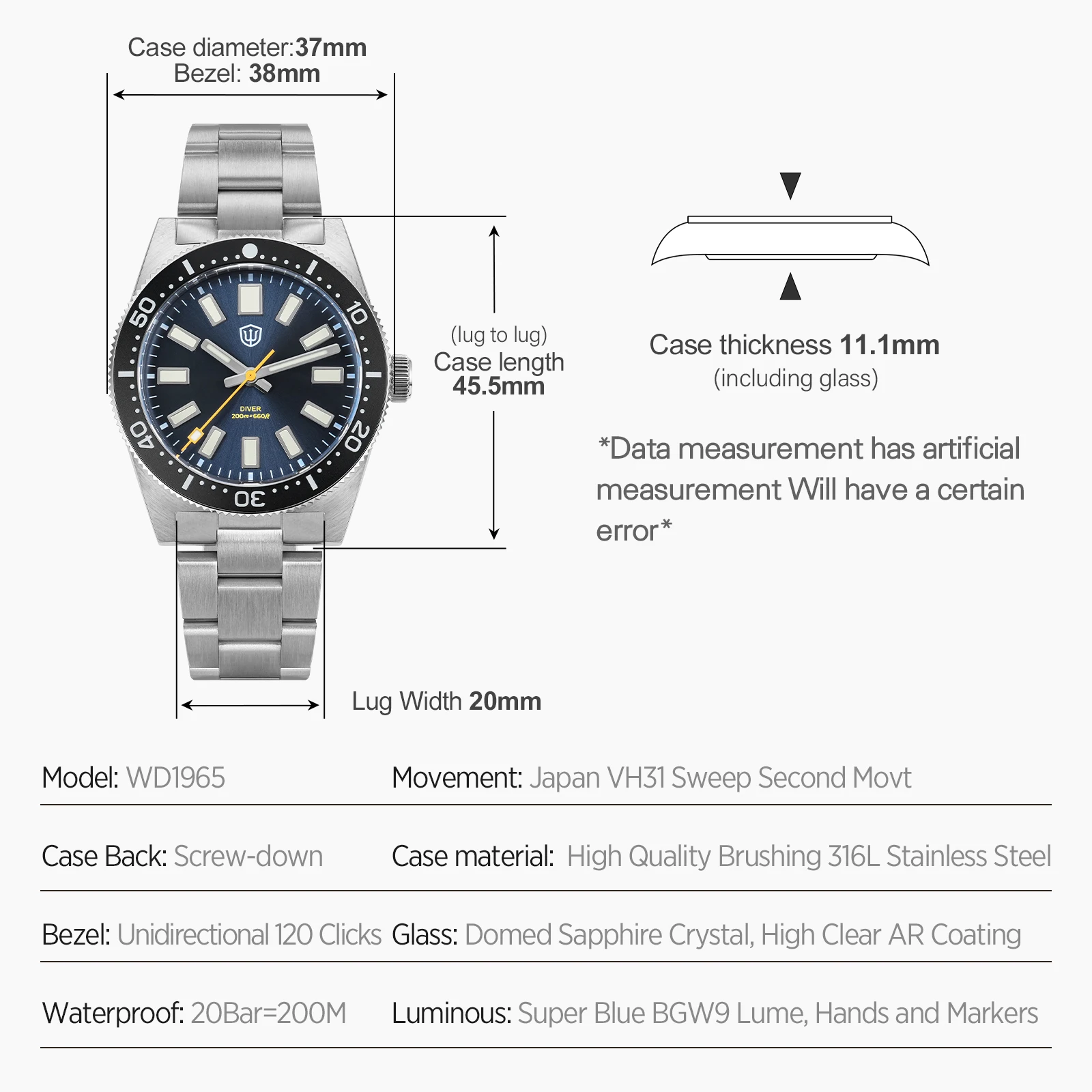 Watchdives 37Mm WD1965 V2 Man Watches VH31 Sweep Quartz Wristwatch Sapphire 200M Waterproof BGW9 Luminous Slim Wrist Men Watch view 2
