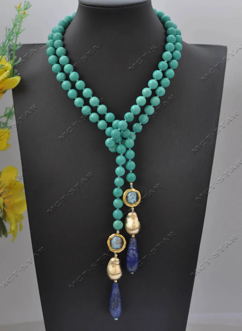 Z13379 39'' 28mm Green Turquoise Blue Drop Round Lapis-Lazuli Gold-Plated Pendant Necklace Custom Jewelry