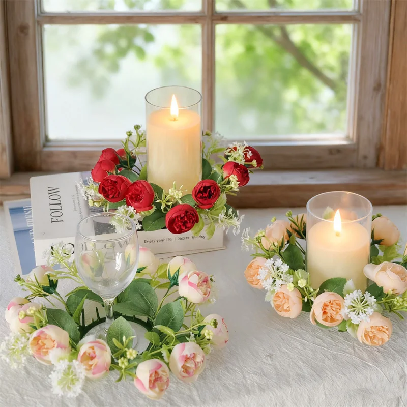 

Чайная роза, детское дыхание и кольцо-свеча из травы — центральная часть стола для вечеринок, обеденный декор, реквизит для фотосессии