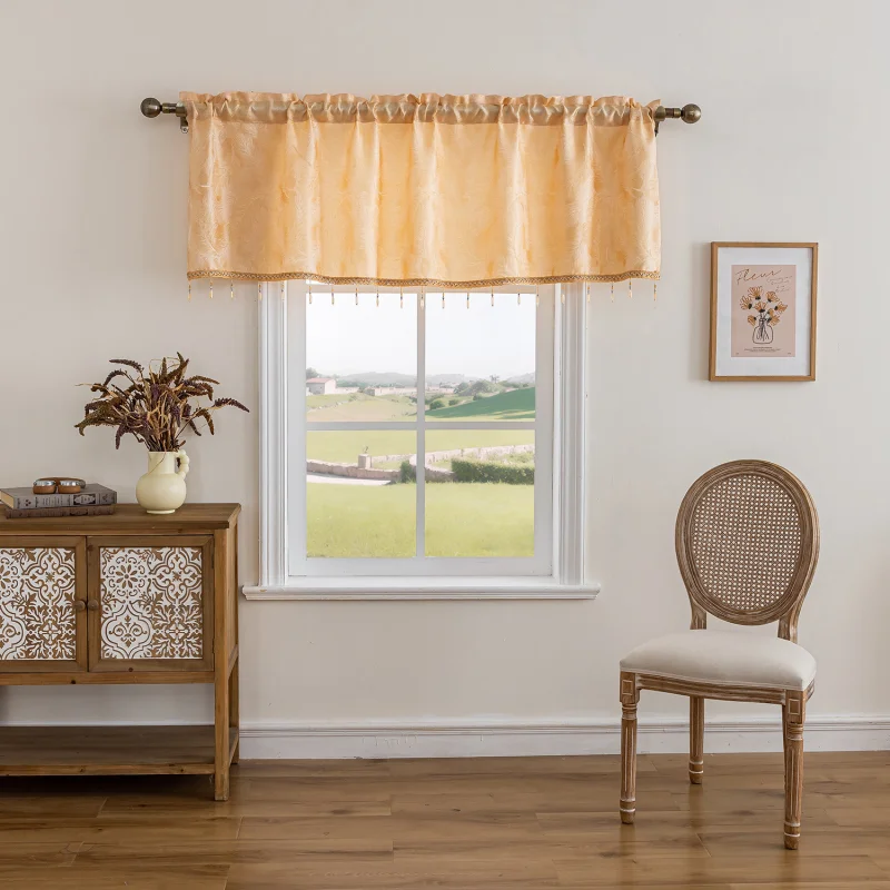 1pc Golden Jacquard Window Valance, Light Orange Short Curtain with Tassel Trim, Semi Sheer Top Curtain for Kitchen Cafe Small W