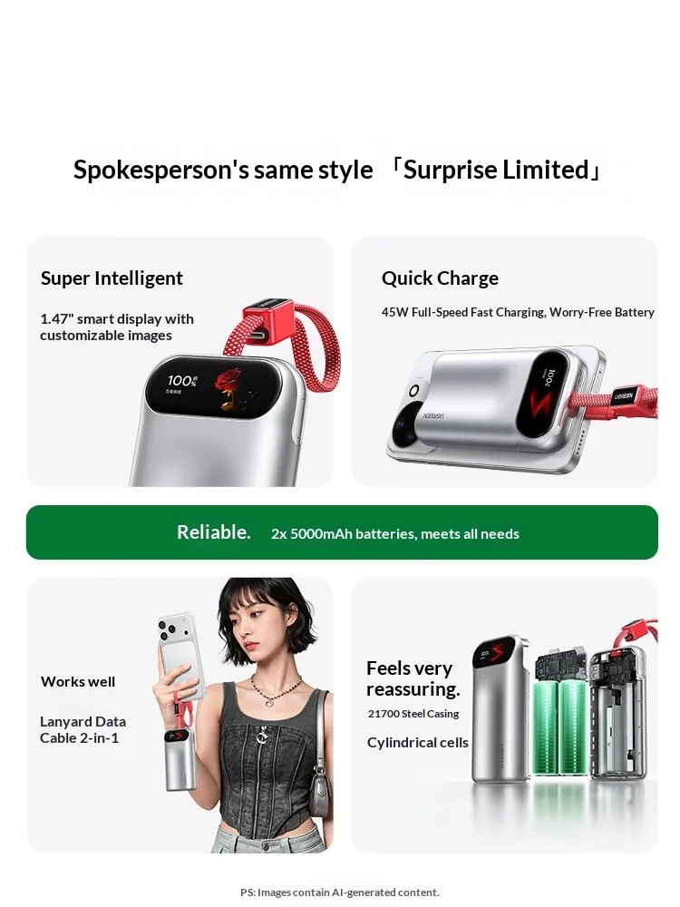 

Sales UGREEN PB610 Portable Power Bank 45W 10000mAh Fast Charging Led Display Built In Cable 3C Certified For Phones Gift PC
