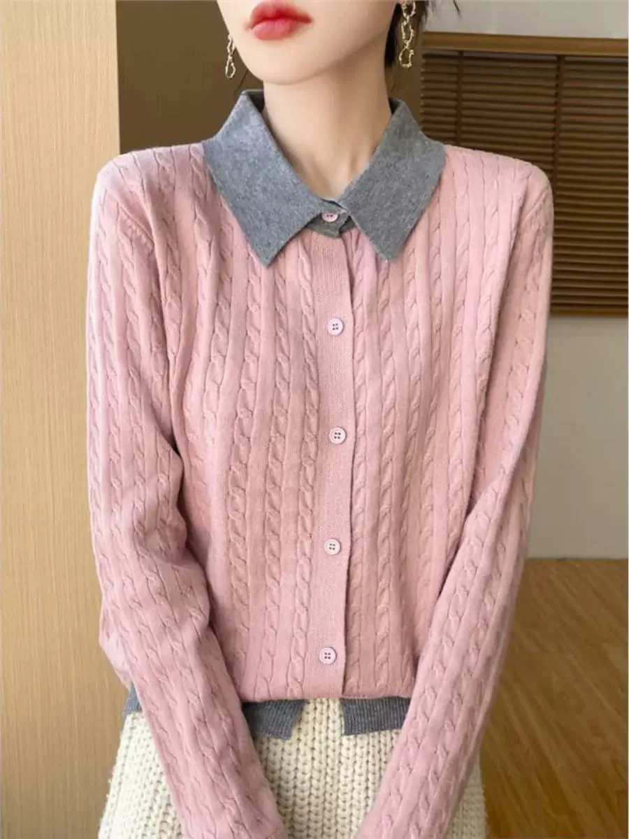 

Casual Knitted Collar Open Cardigan Loose Fit 2024 New Style Turn-down Collar Base Sweater Jacket for Women