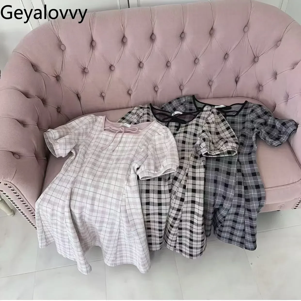 Japanese Bow Strapped Square Neck Slim-fitting Short Dress Foreign Style Sweet Plaid Bubble Sleeve Knitted High Waist Dresses