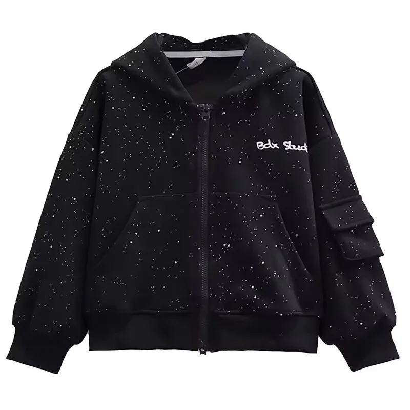 

Kids Girl Shiny Rhinestones Letter Print Casual Hooded Jacket Long Sleeve Hoodie Sweatshirt Outerwear for Holiday Birthday Party