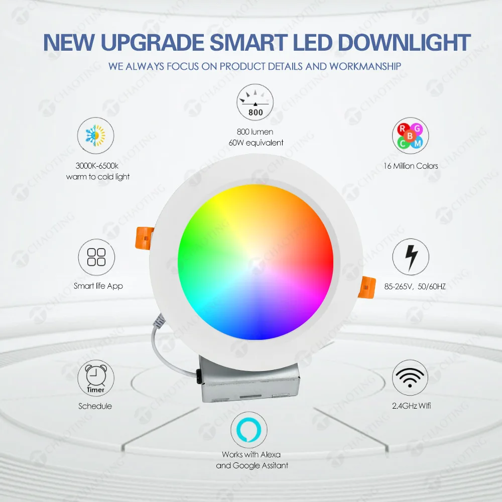 LED 스포트 다운 라이트, LED 스포트 다운 라이트, 스마트 투야 와이파이 RGB LED 다운 라이트, 공장 직접 Cct 조도 조절 가능 실내 램프, 6 인치, 16W, 천장 라운드 매입형