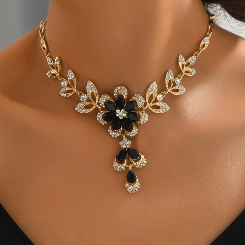 Vintage Luxury Zircon Black Droplet Flower Tassel Necklace Earrings Jewelry Set Elegant Women\'s Festival Banquet Accessories