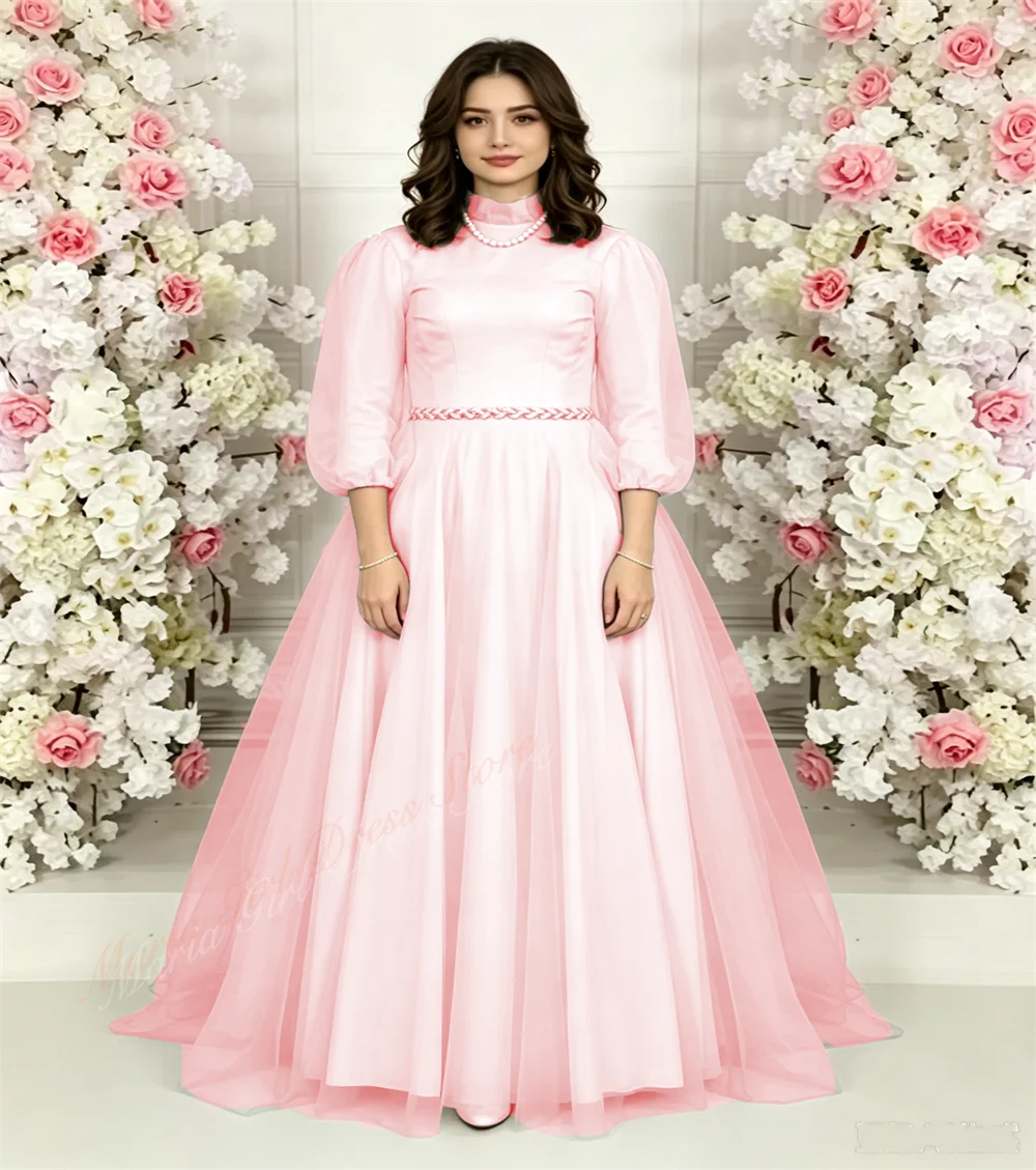 Elegant Special Occasions Dresses Pink High-neck 3/4 Sleeves Kids Party First Communion Fancy Dress Evening Gown
