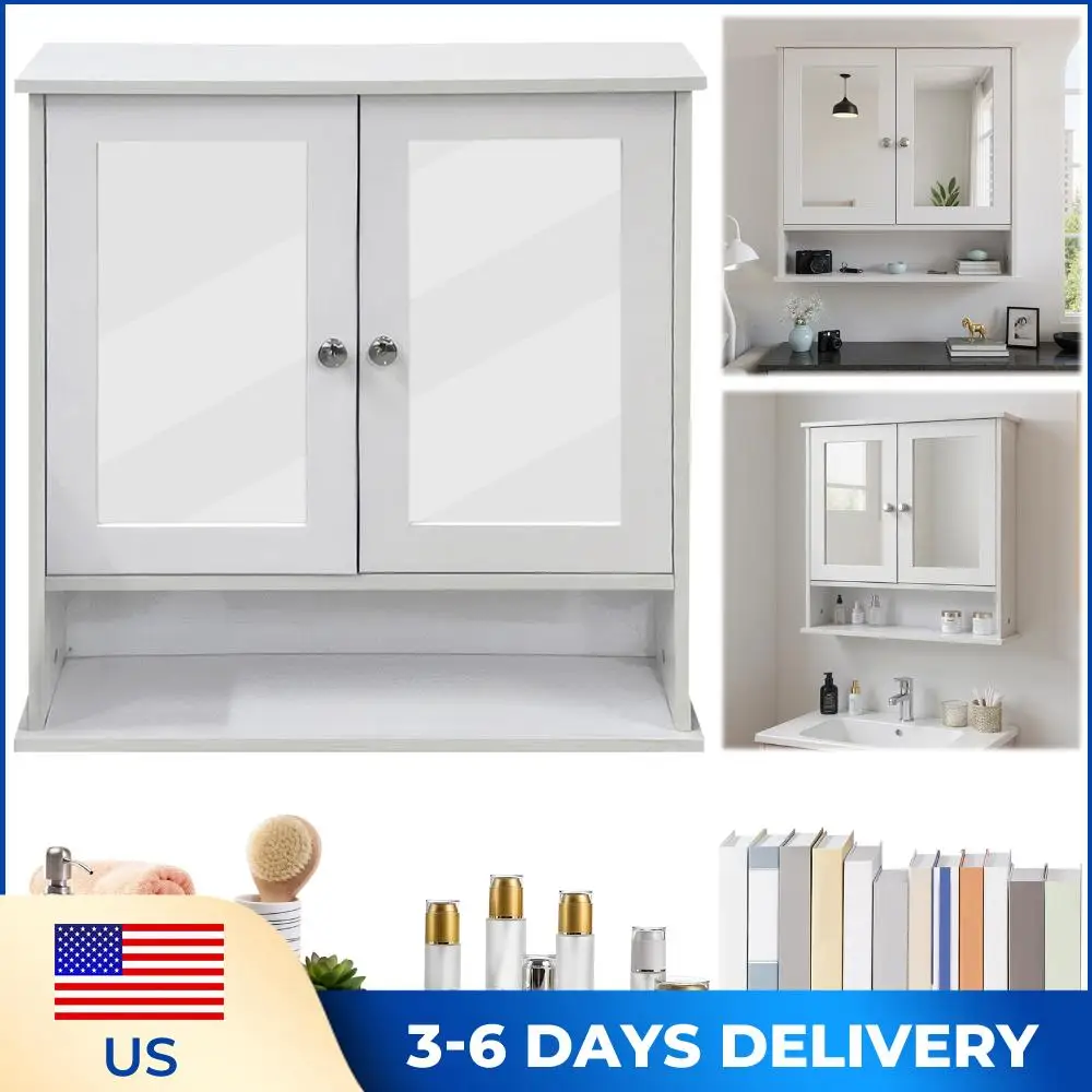 

Двухдверный зеркальный шкафчик с водонепроницаемым открытым отсеком-органайзером, износостойкий, простой настенный туалетный шкафчик для полотенец и геля для душа