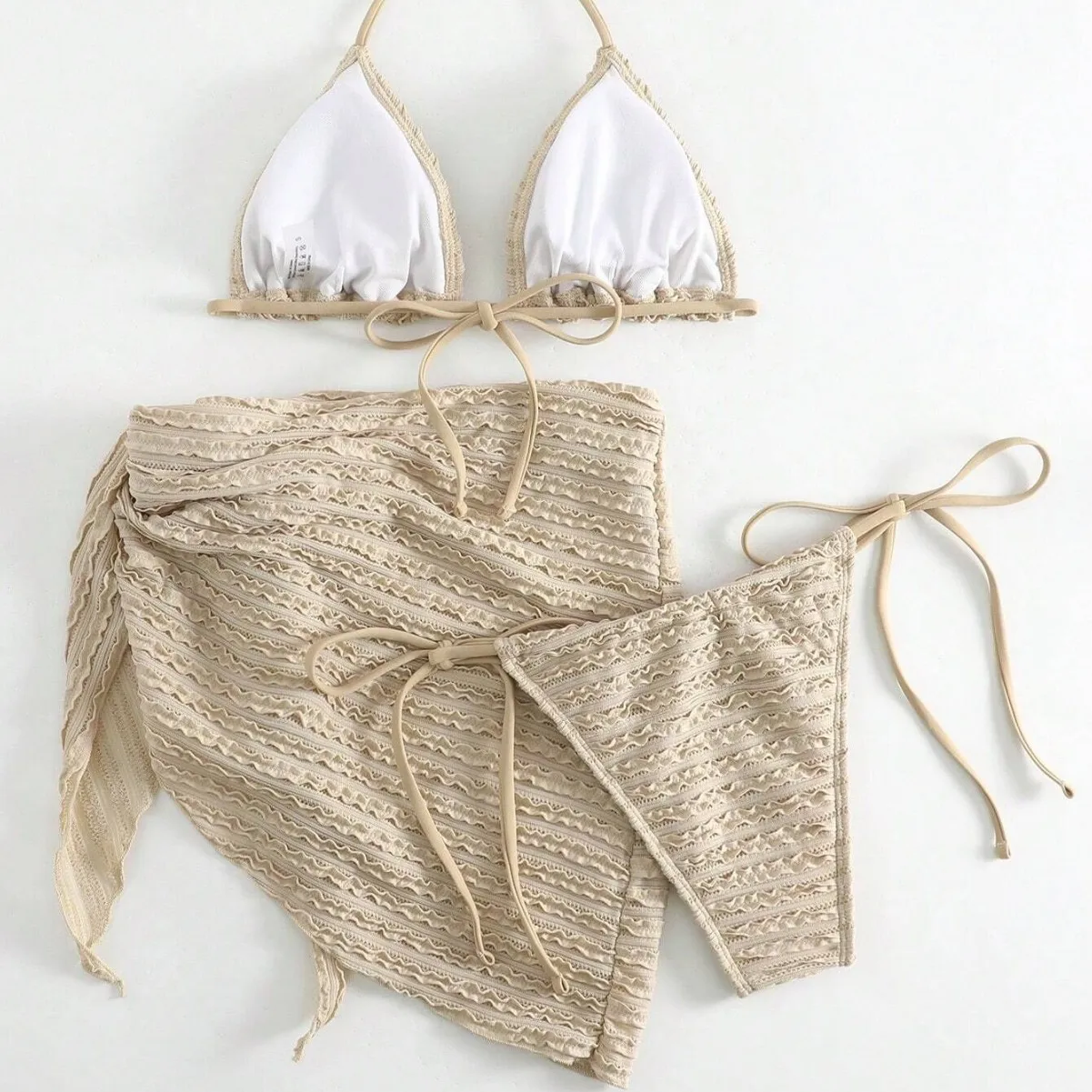 Khaki-Falten-Bademode für Damen, 3-teiliges Bikini-Set, Vertuschung, Mikro-Tanga, sexy Badeanzug, Strandkleidung, String-Neckholder, Triangel-Bikinis