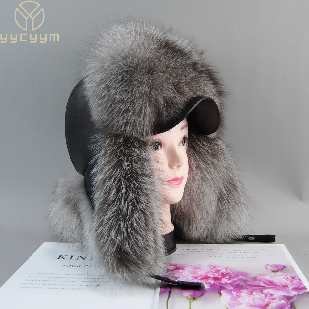 New Arrival Winter Women Genuine Fox Fur Hats 100% Natural Real Leather Cap Casual Warm Soft Russian Ladies Fox Fur Bomber Hats