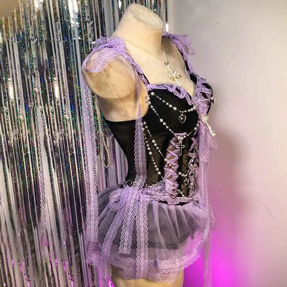 

Эко-готическое платье в стиле кавайи, для эмо-девушек, DIY, для клубов, панк-рок, гранж, харадзюку, 90-х, ручной работы, Y2K, кружевные топы, с крестом и сердцем