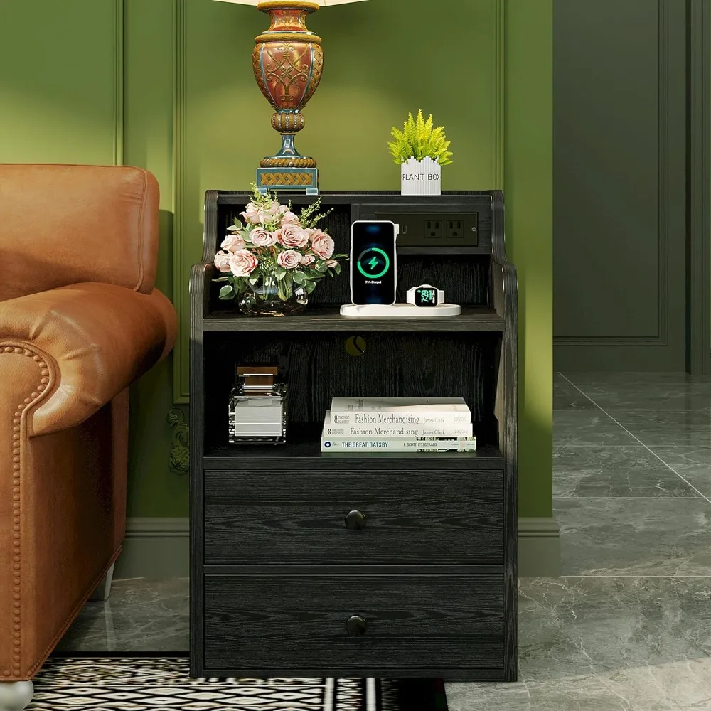 Nightstand with LED Charging Station 2 Drawers and Storage Shelves, Left and Right Interchangeable Sockets Bed Side Table