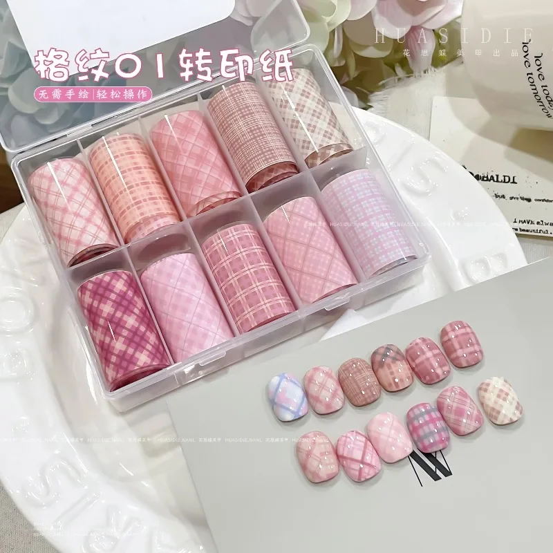

10PCS Nail Art Foil Transfer Paper Pink Grid Pattern Nail Stamping Sticker Manicure Decals for DIY Nail（Need Transfer Adhesive）