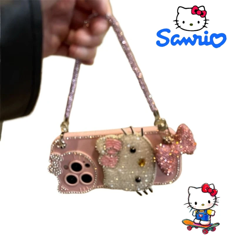 

Sanrio Hello Kitty Cartoon Cute iPhone 15 Case Creative Kawaii Bow 3D Phone Anti Drop Handheld Chain Protective Cover Gift