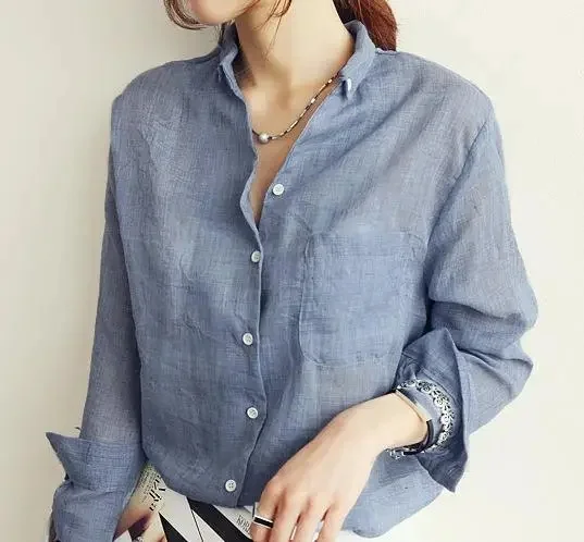 2024 Summer New Sunscreen Clothing Japanese Style Fresh Loose Fit Cotton Linen Long Sleeve Stand Collar Shirt Women's Linen Shir