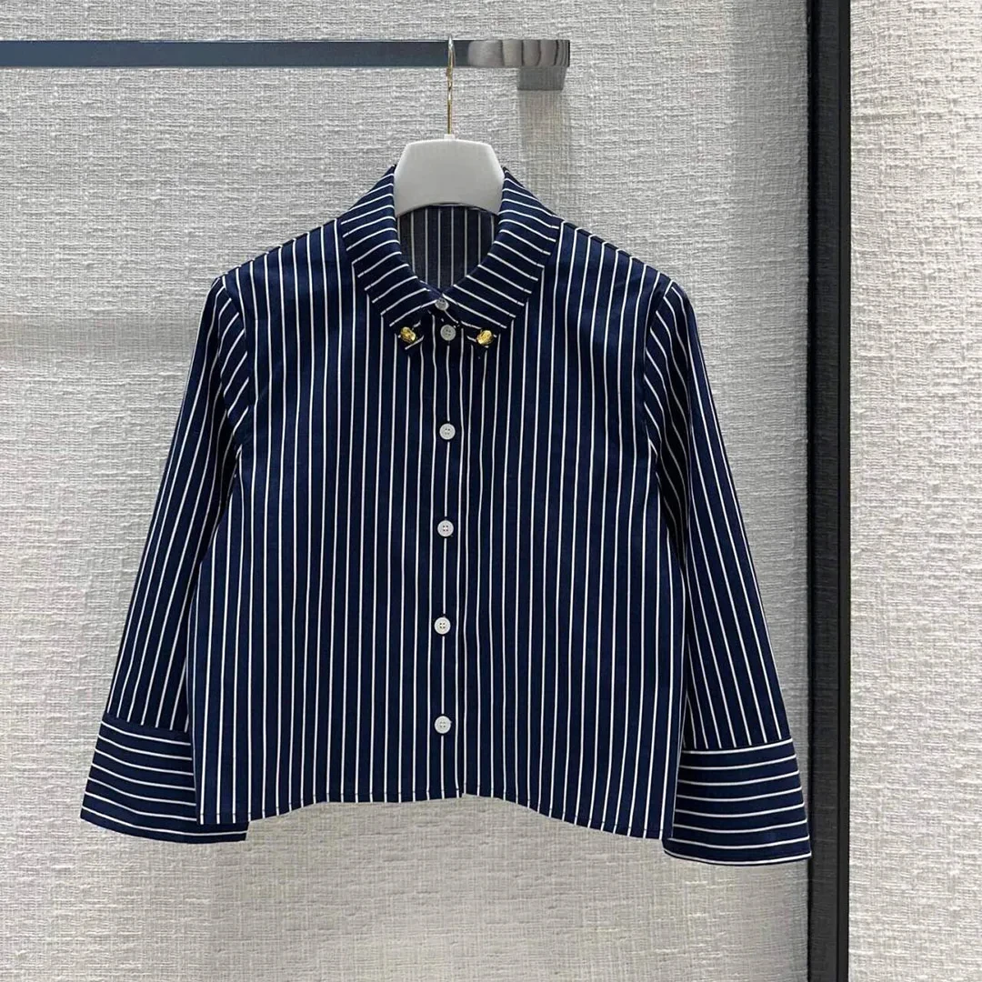 

2024 New Spring Fashion 100% Cotton Stripes Pattern Shirt Women Lapel Long Sleeve Gold Buttons Sweet T-shirt