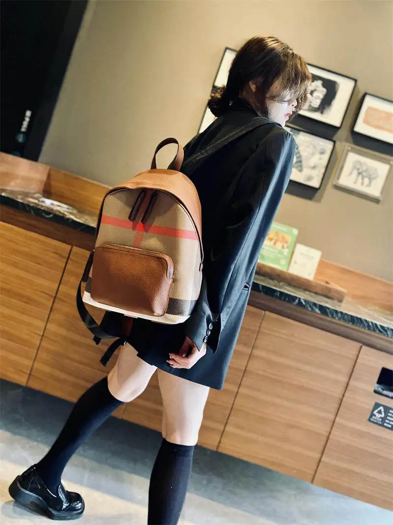 Genuine Cowhide New Casual Backpack, Aidrani Women Plaid Leather Rucksack, Fashion Shoulder Bag for Travel Work