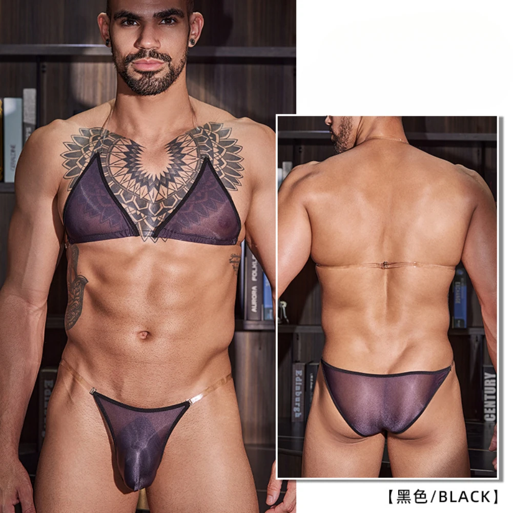 Men Sexy Bra Underwear Sets Sheer Chest Strap Sex Lingerie Sissy Outfit Crop Top Gay Porn Underwears See Through Uniform Outfit