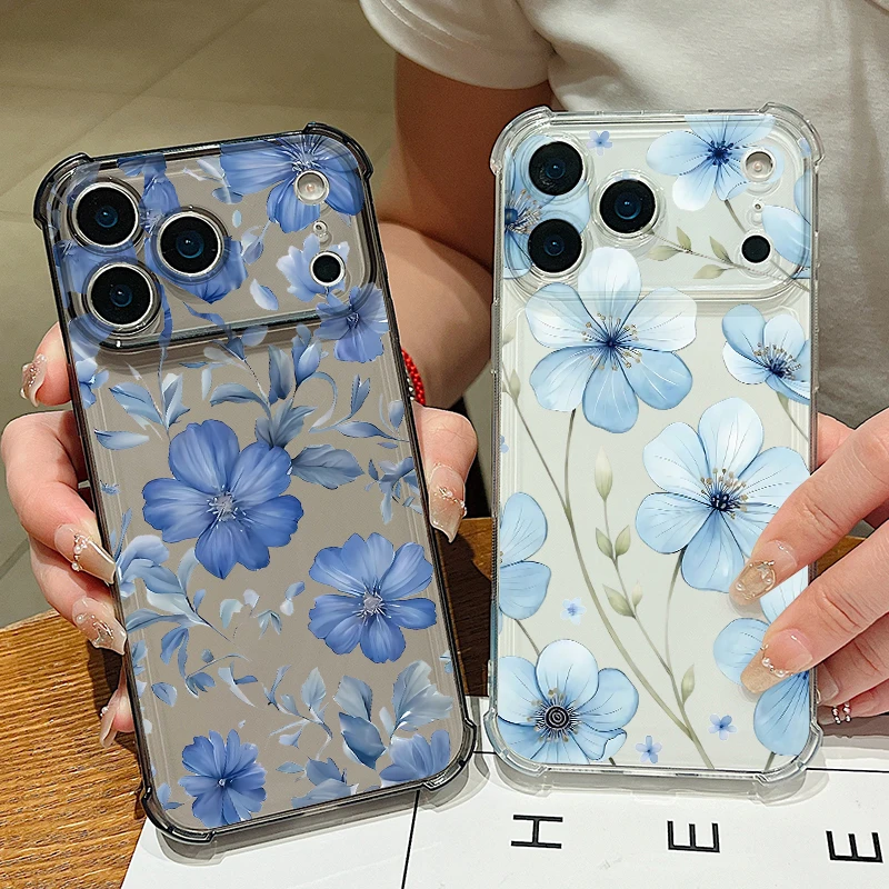 Blaue Blumen Silikon-Handyhülle für iPhone Air 17 Pro Max 16 15 Pro Max 14 13 12 Pro Max 11, stoßfeste, transparente Softcover