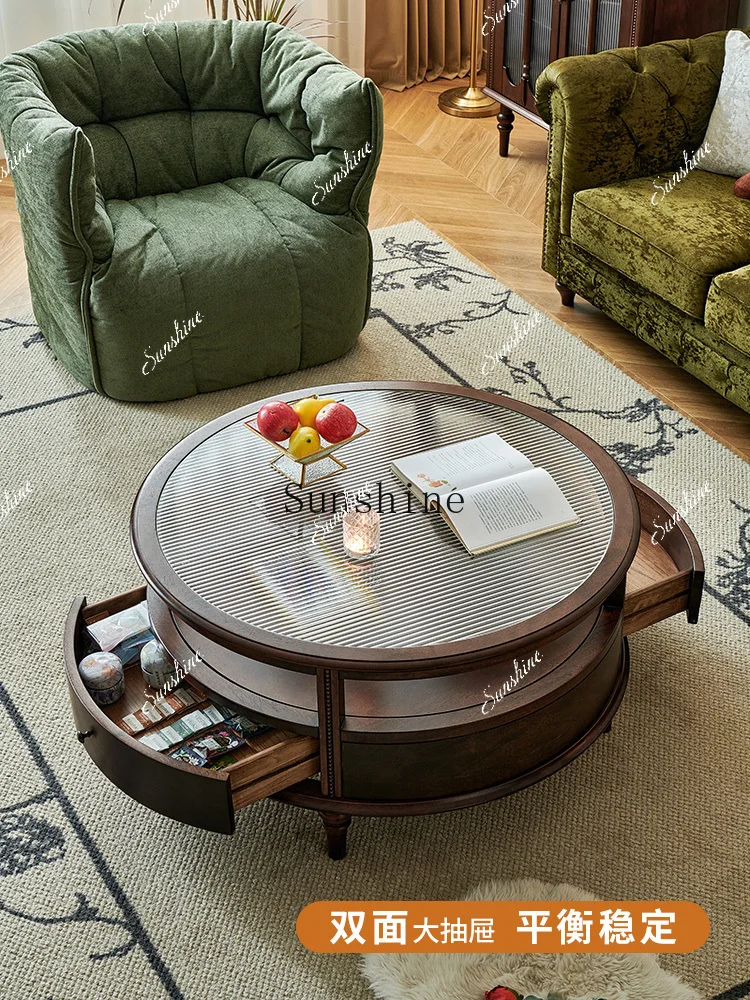 

French retro solid wood round tempered glass home living room coffee table FT