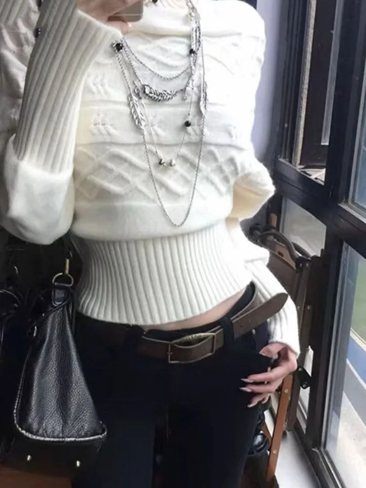 

Зимний свитер-гольф в стиле Y2K, женский пуловер с рукавами «летучая мышь» в стиле Харадзюку, винтажный укороченный облегающий джемпер с рукавами-фонариками