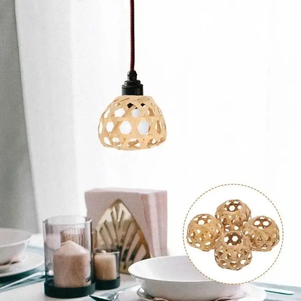 

Rustic Bamboo Cage Woven Bamboo Lamp Shade Small Hexagonal Eyes Bulb Lampshades Vintage Removable Chandelier Cover Home Hotel