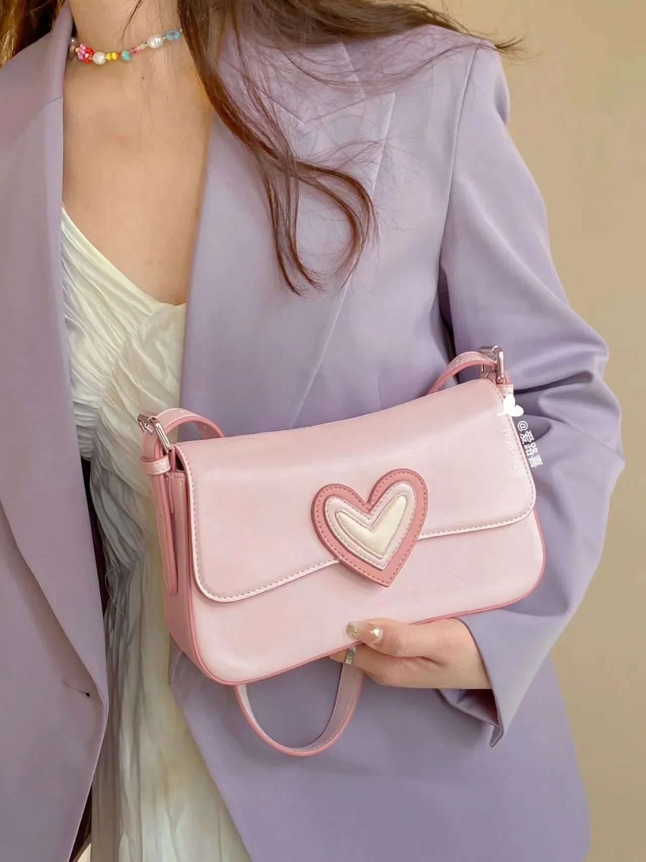 Pink Heart Women\'s Shoulder Bags Small Square Flap Underarm Bag Fashion Love Ladies Armpit Bag Clutch Purses Female Handbags