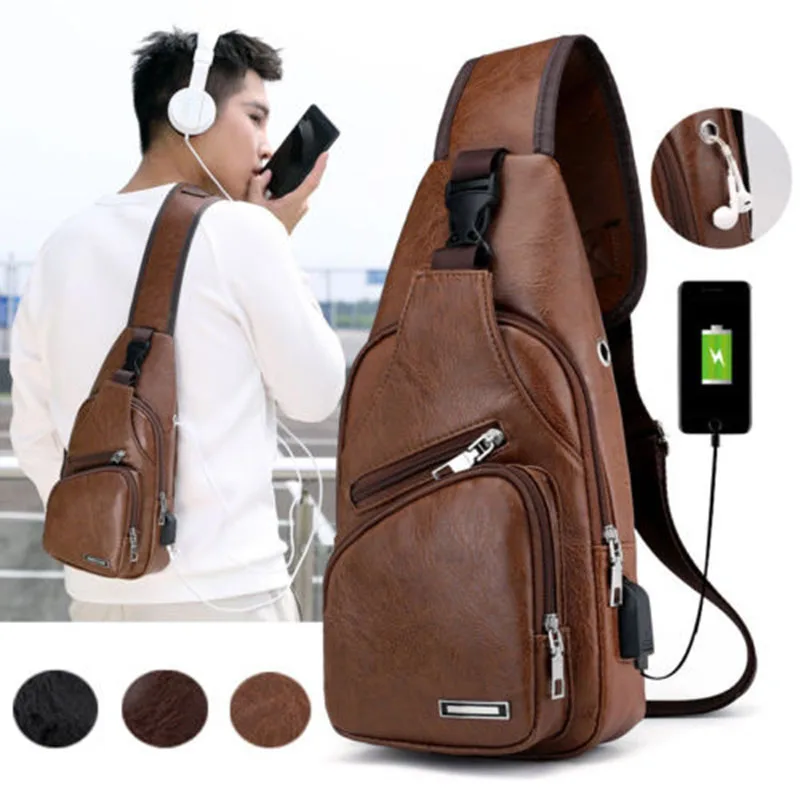 Sac messager en cuir PU vintage pour hommes, chargement USB, sac à bandoulière de sport, sac à dos design, sac à bandoulière de poitrine, loisirs