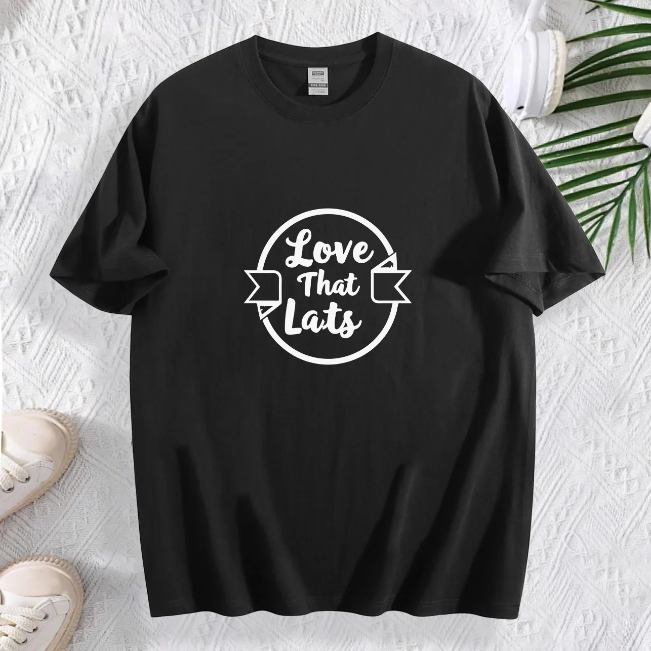 Love That Lats Grafisch T-shirt voor dames, 180 g katoen, ronde hals, korte mouw, casual zwart, zomer, dagelijks gebruik