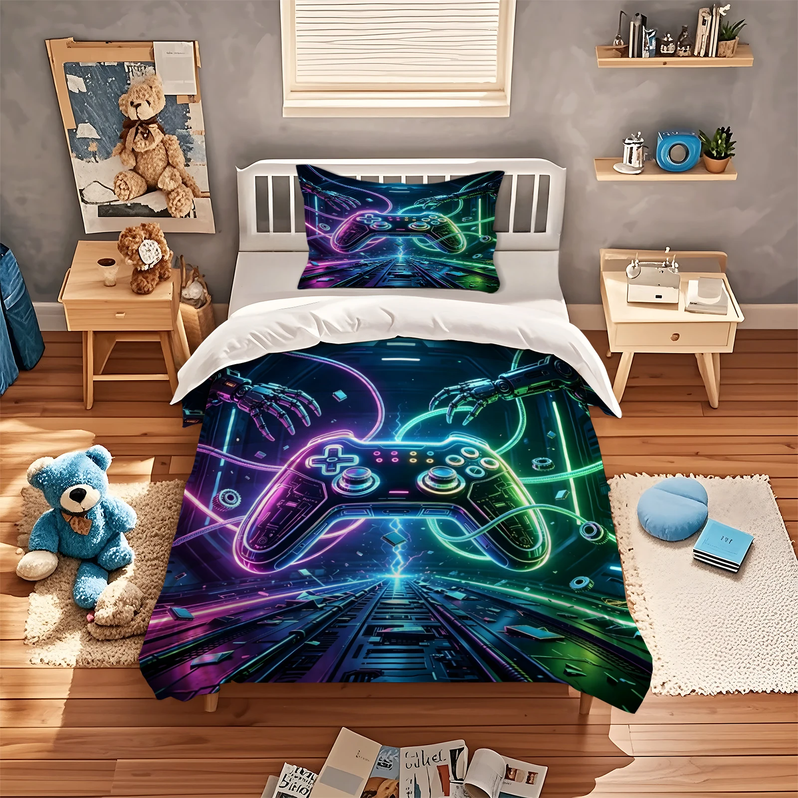 Gamer Duvet Cover Set Neon Game Controller & Robotic Hand Printed Bedding Set Cyberpunk Video Game Quilt Cover with Pillowcases