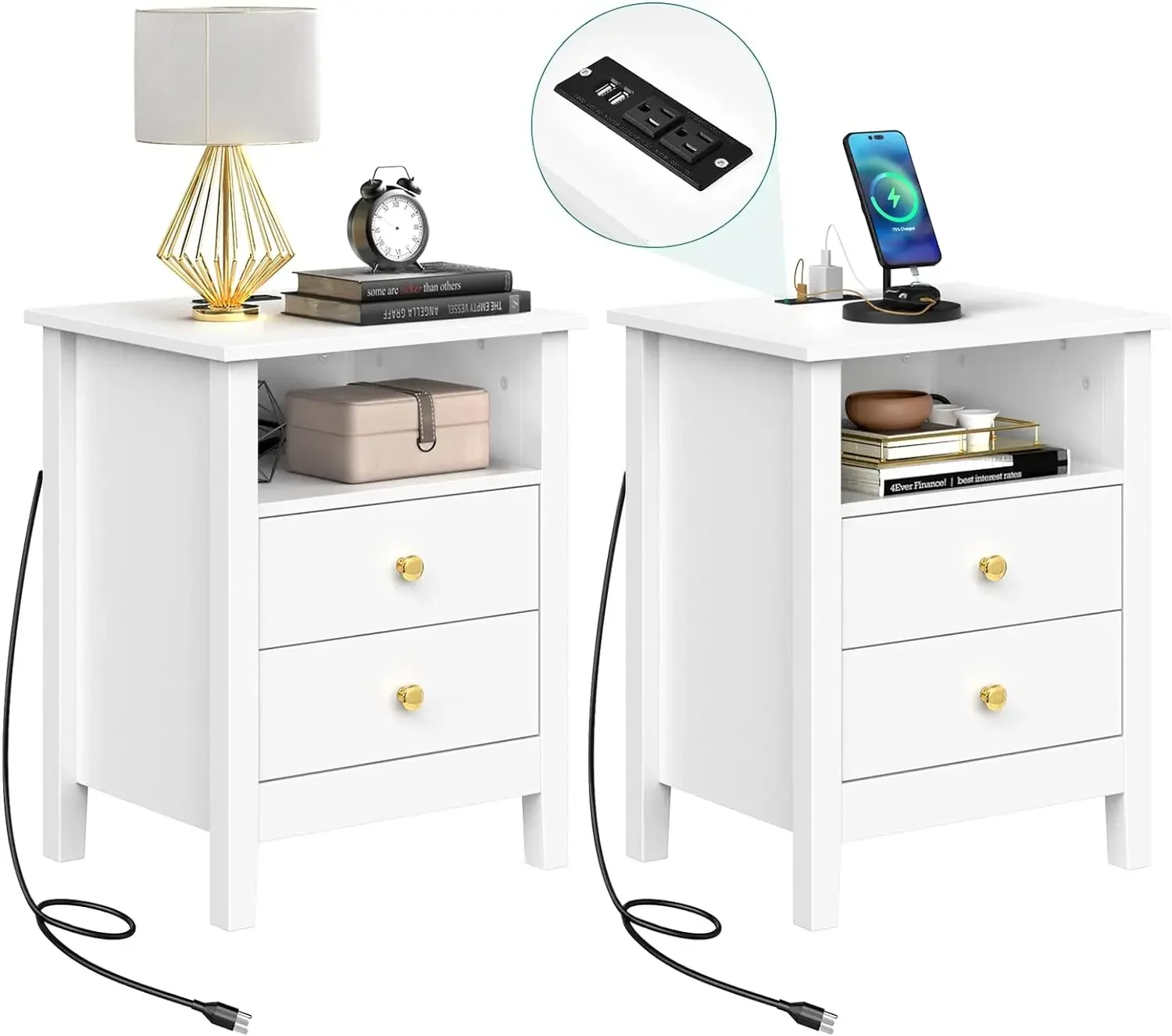 

Nightstand with Charging Station, Night Stands with 2 Drawers for Bedroom, Modern Bedside Table End Side Table with USB Ports