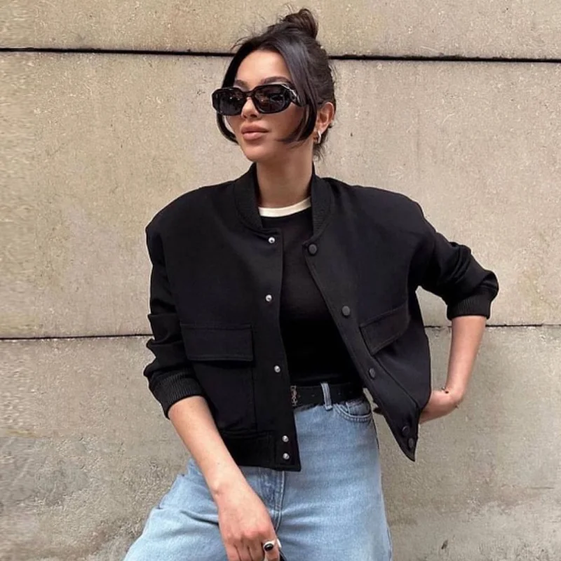 HXAO Women's Bomber Jacket Crop Black Off White Outerwears Spring 2025 New In Coats Aviator Varsity Button Long Sleeve Coat 066