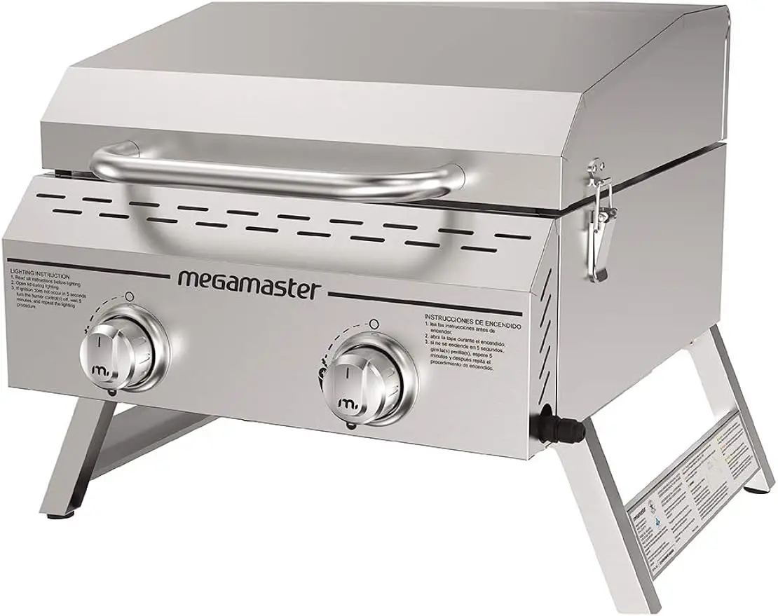 

Megamaster Premium Outdoor Cooking 2-Burner Grill, While Camping, Outdoor Kitchen, Patio Garden, Barbecue with Two Foldable legs