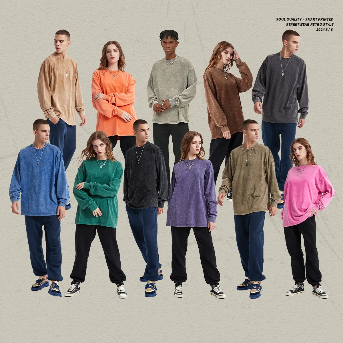 Vintage Long Sleeve Tees for Men Acid Wash T Shirts Casual Loose Fit Basic Crewneck Tops Cotton Distressed Oversized T Shirt Men