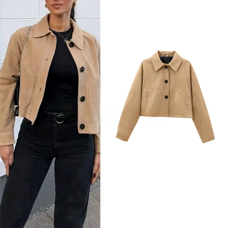 

Fall New Women's Long Sleeve Collared Button Decorated Leather Short Jacket Coat Stylish Commute Style Loose Fit Polyester Fiber