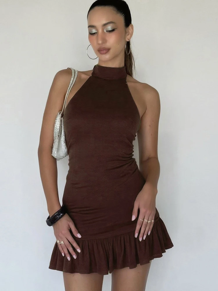 Cutenew Ruche Trim Vrouwen Mini Jurk Klassieke Zomer Halter Stand Kraag Backless Slanke Vestidos Vrouwelijke Basic Verjaardagsfeestje Japon