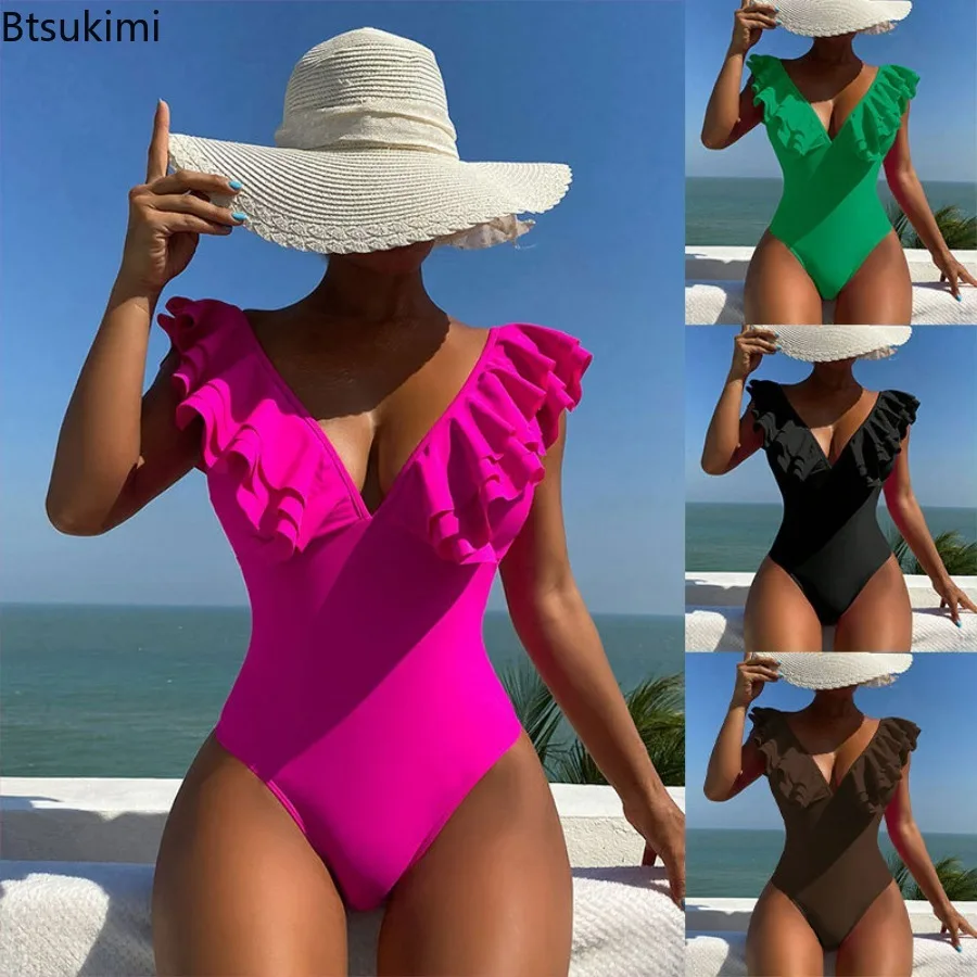 

2024Women's Sexy Ruffles Sleeve Swimwear Solid Hot Pink V Neck Control Abdomen Monokini Bathing Suit Backless One Piece Swimsuit