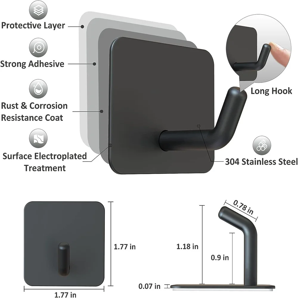 Gancho adesivo de aço inoxidável SUS304, Ganchos de parede autoadesivos, Cabide resistente, Suporte de armazenamento impermeável, Ganchos de toalha