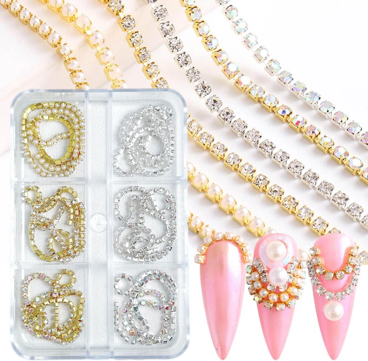 1Box Light Luxury Sparkling Rhinestones Inlaid Alloy Chain Nail Art Decorations Creative Gold Silver Bead Chain Nail Charms DIY
