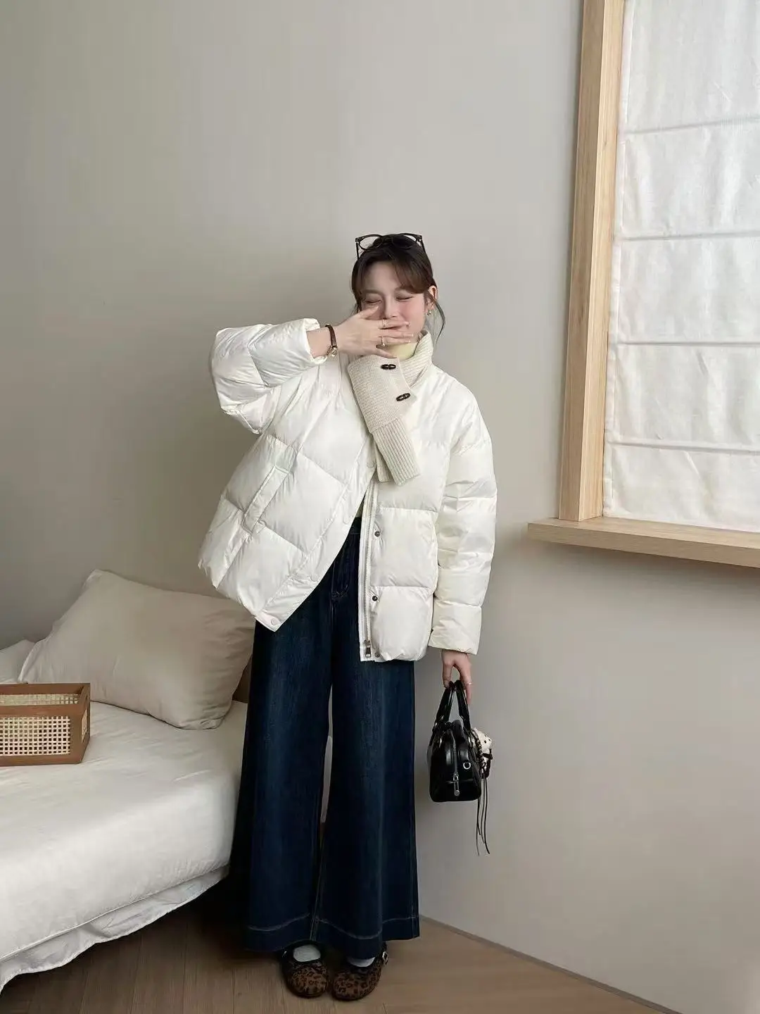 

XF2516 Autumn/Winter 25 New Women's Fashion Scarf Down Jacket Sweet and Versatile White Duck Down Warm Coat