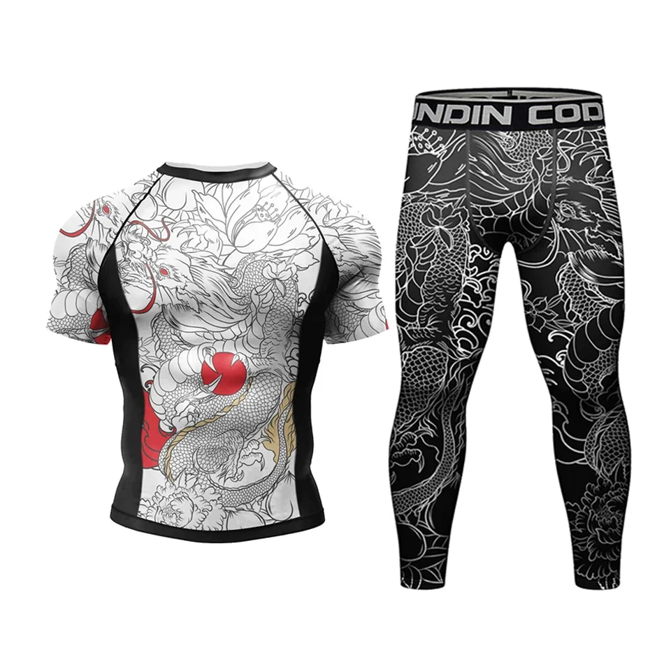 Uomo BJJ Rash Guard Jiu Jitsu t-shirt pantaloncini stampati a sublimazione Rashguard arti marziali boxe MMA abbigliamento Compression Wear Suit