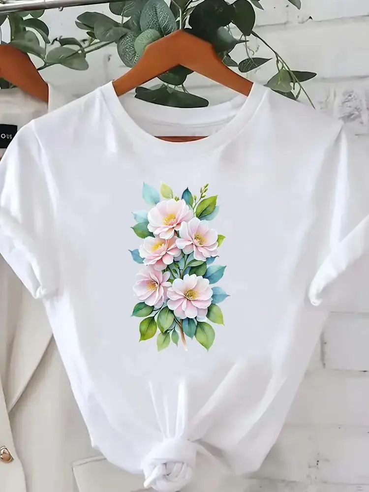 الملابس المحملات الملابس أزياء السيدات شعبية س الرقبة المرأة عارضة T طباعة الاتجاه نمط زهرة قصيرة الأكمام الجرافيك تي شيرت