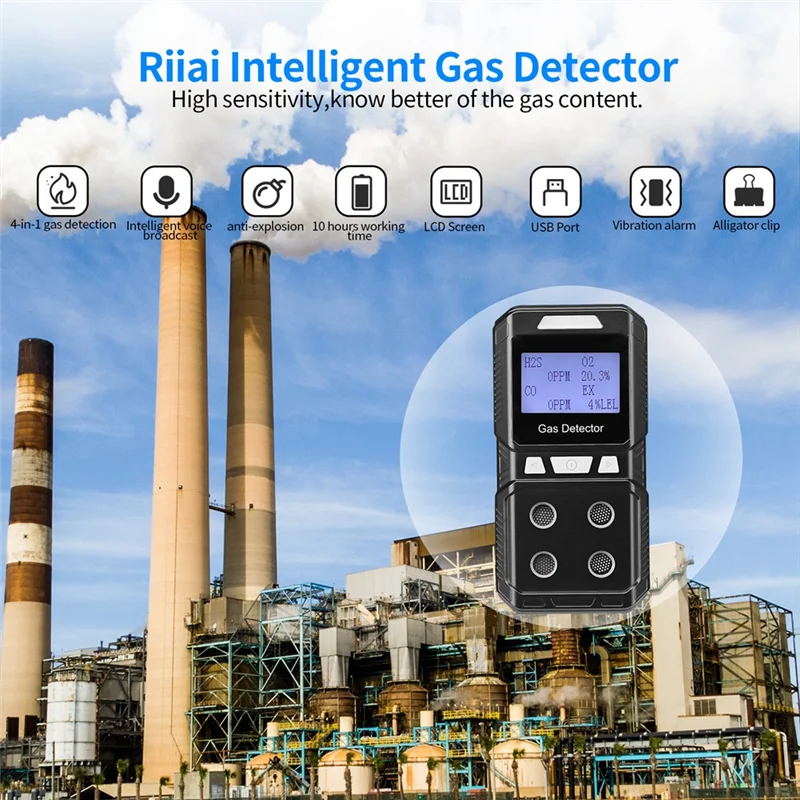 Portable 4 Gas Detector Rechargeable Multi Gas Monitor Air Quality Tester Analyzer High Precision EX O2 H2S CO US Plug