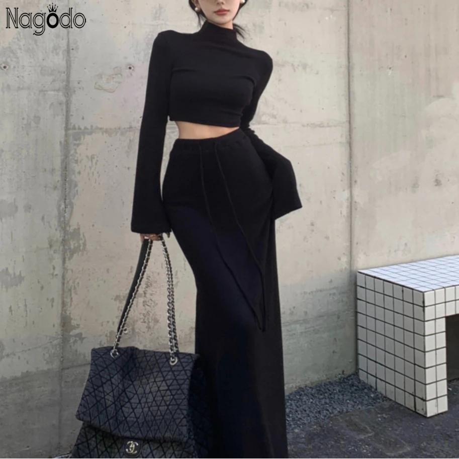 

New Spring Winter Chic Turtleneck Crop Top and Skirt Women Two-piece Set 2024 Basic Long Dress Skirt Suit 2piece Clothes Woman