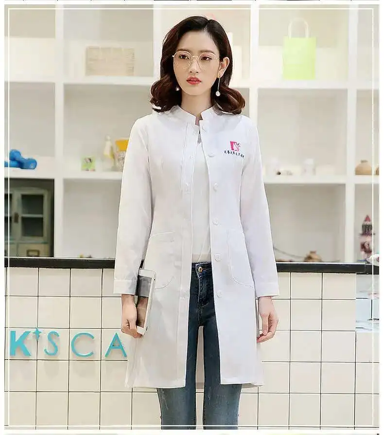 New Women's Winter Stand Collar Long Sleeve White Uniform Spa Dept. Cic Doctor's Labtest Coat Slim Fit Overcoat