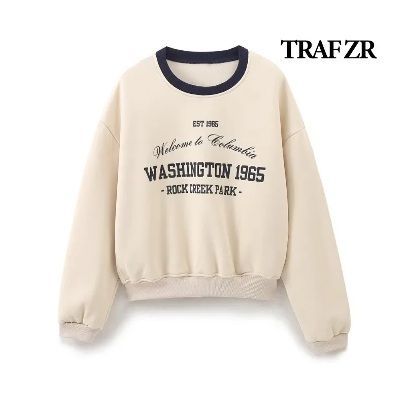 TRAF ZR Women\'s Sweatshirts Preppy Style Vintage Cotton Sweatshirt Letter Print O-Neck Sweatshirts Loose Fitting Fall T-shirts