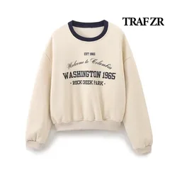 TRAF ZR Women's Sweatshirts Preppy Style Vintage Cotton Sweatshirt Letter Print O-Neck Sweatshirts Loose Fitting Fall T-shirts