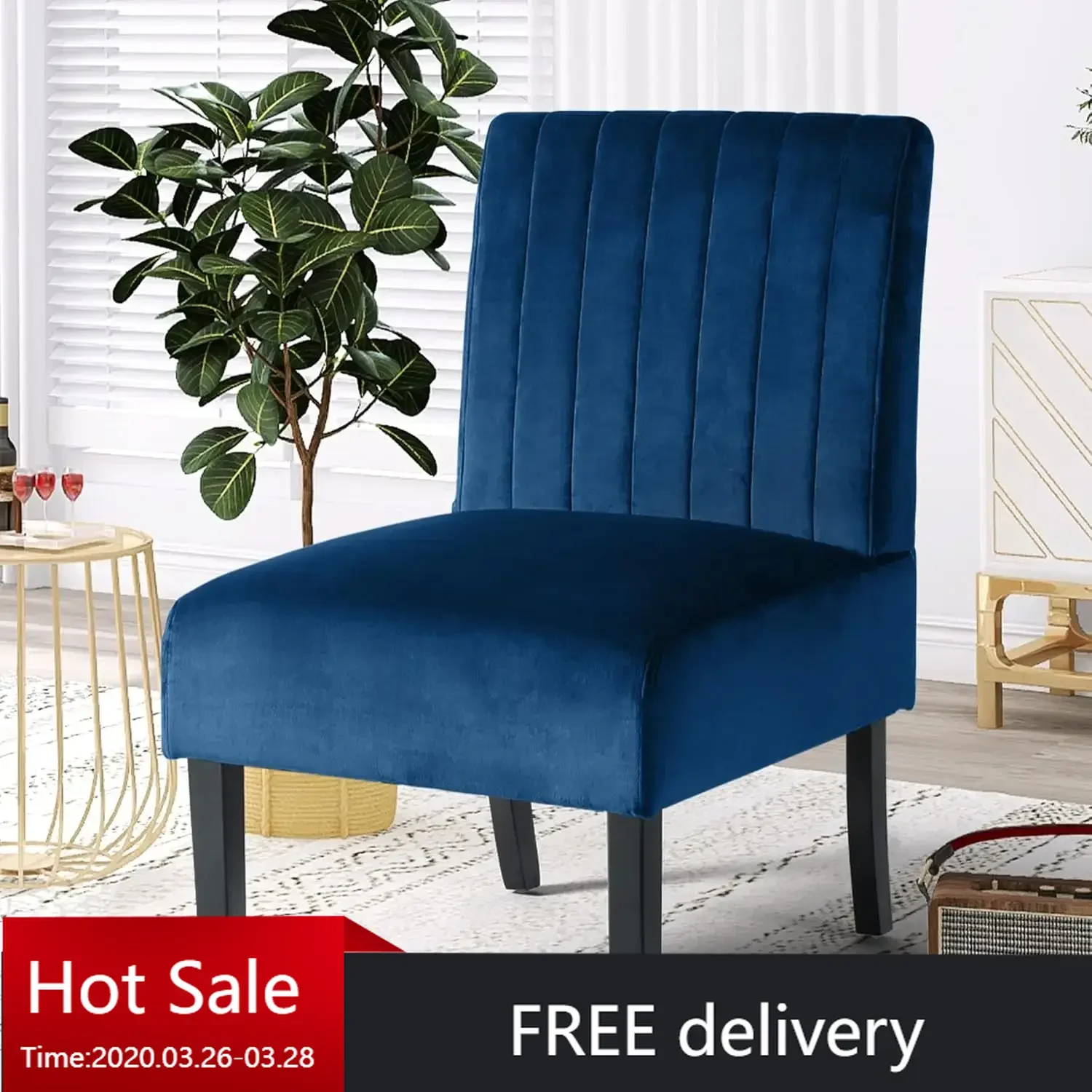 Modern Velvet Armless Accent Chair Decorative Slipper Vanity for Bedroom, Corner Side Living Room Navy Blue