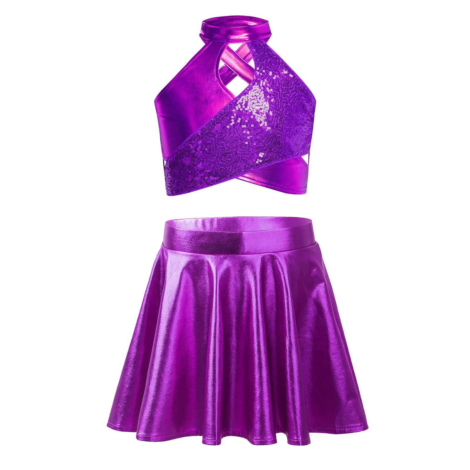 

Kids Girls Jazz Dance Set 2Pcs Shiny Sequins Metallic Cross Keyhole Crop Top+A-Line Skirt Ballet Performance Costume Streetwear